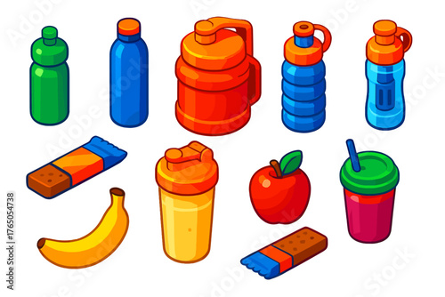 Fitness Essentials Icons. Isometric vector illustration set Fitness and Workout Essentials: hydration bottle, gym flask, insulated