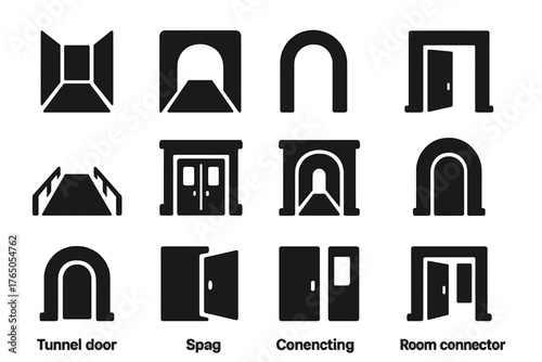 Passageway Icons Collection. Solid style icons of Passageways: corridor, hallway, archway, threshold, walkway, foyer, lobby