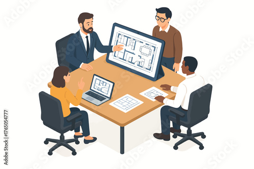 Diverse team collaboration: architects discussing building plans in office meeting