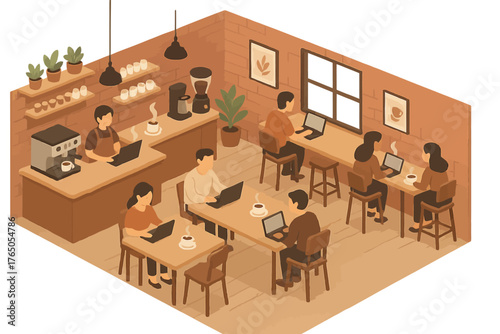 Cozy cafe ambiance with diverse adults working on laptops and enjoying coffee in a warm setting