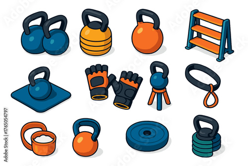 Fitness Gear Icons. Isometric vector illustration set Fitness and Workout Essentials: kettlebell set, adjustable kettlebell,