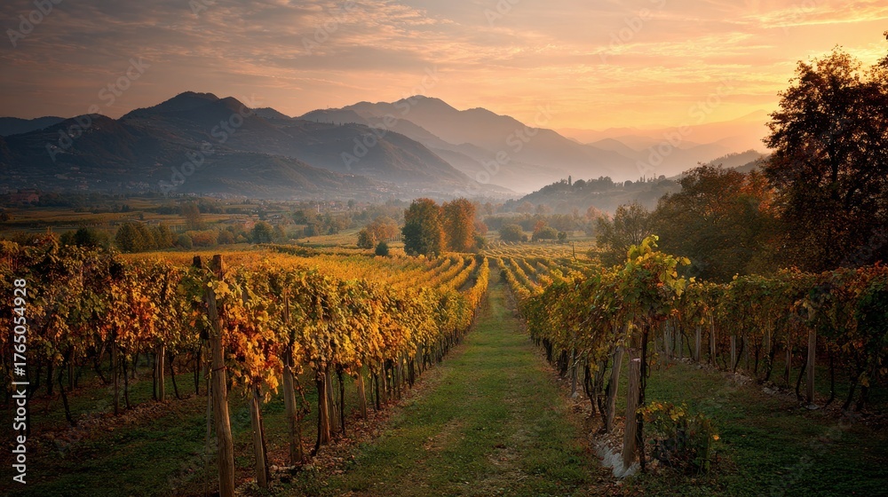 Fototapeta premium Vineyard in Franciacorta at Dusk: Captivating Autumn Views of Rows of Vines Under the Sunset in Brescia, Italy