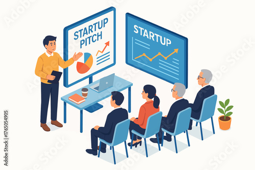 Male entrepreneur presenting startup pitch to diverse adult audience