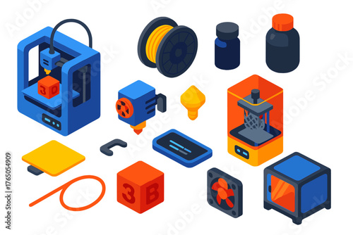 3D Printing Essentials. Isometric vector illustration set 3D Printing Basics: desktop 3D printer, resin 3D printer, filament spool