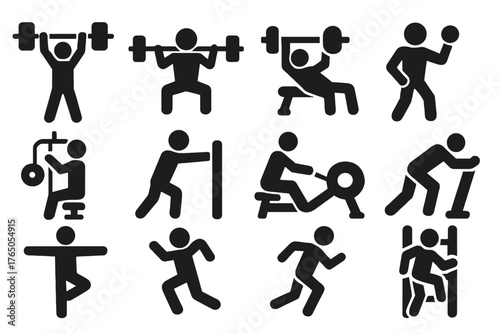 Workout Action Icons. Solid style icons of Workout actions: lifting, squatting, pressing, curling, pulling, pushing, rowing,