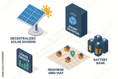 Decentralized solar sharing and smart inverter in neighborhood grid map