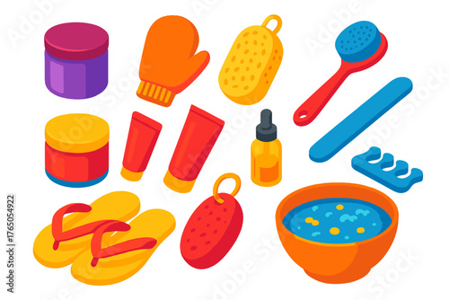 Wellness Essentials Icons. Isometric vector illustration set Wellness, Relaxation, and Beauty Essentials: body scrub jar,