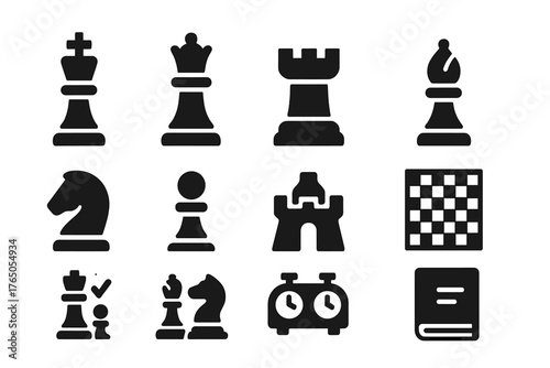 Chess Icons Collection. Solid style icons of Chess pieces: king, queen, rook, bishop, knight, pawn, castle, chessboard, check,