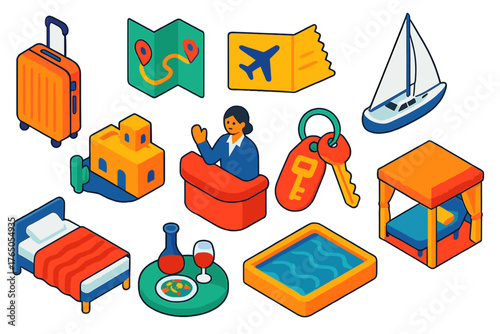 Colorful Travel Icons. Isometric vector illustration set Travel and Hospitality: hardshell bag, route planner, travel voucher,