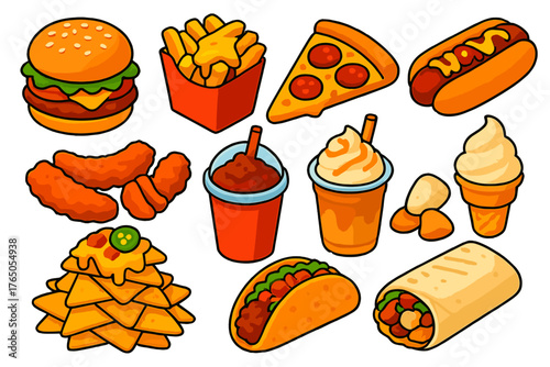 Colorful Fast Food Icons. Isometric vector illustration set Fast Food Items: chicken deluxe burger, fries with cheese sauce,