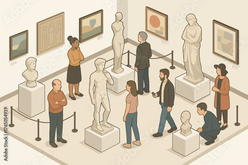 Diverse group observing classical sculptures and modern art in gallery