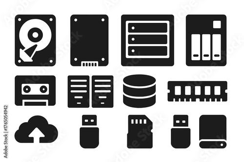 Data Storage Icons. Solid style icons of data storage: hard drive, SSD drive, RAID array, NAS box, tape backup, data center racks,