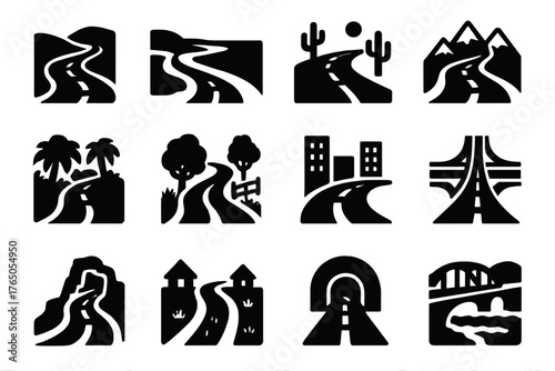 Road Icons Collection. Solid style icons of travel roads: winding road in hills, coastal road, desert highway, snowy mountain pass