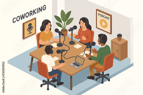 Diverse adults in podcast discussion at coworking space