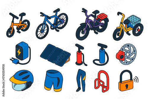 Electric Bike Icons. Isometric vector illustration set electric bicycle: compact folding urban e-bike, long-range touring e-bike,