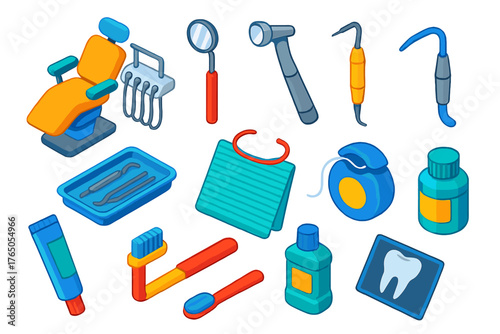Dental Care Tools. Isometric vector illustration set First Aid and Healthcare Tools: dental chair, dental mirror, dental drill,