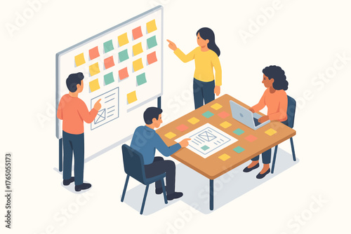 Diverse team collaboration in office setting with brainstorming and planning