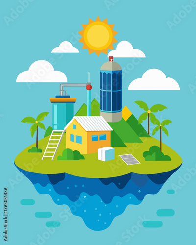 A remote island community off from traditional sources of freshwater finds salvation in a solarpowered desalination plant using renewable energy to produce clean drinking water.. Vector illustration