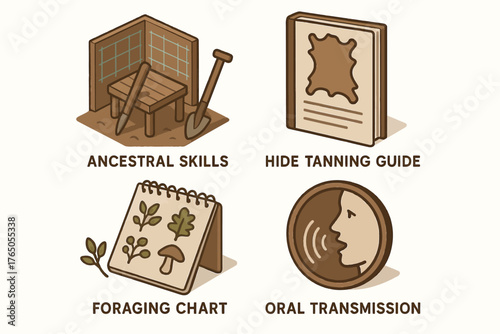 Ancestral skill tools: hide tanning, foraging, oral transmission icons
