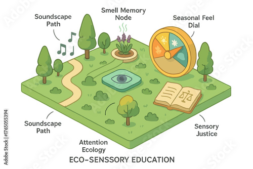Eco-sensory education concept with soundscape paths and smell memory node in nature