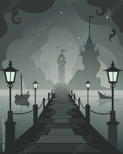 A foggy dock the gaslights creating illusions of phantom ships and ghostly apparitions in the mist.. Vector illustration
