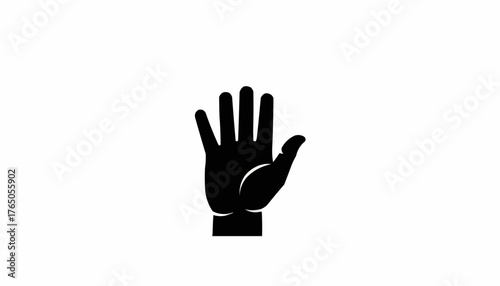 Stop hand gesture in simple black silhouette, conveying halt, rejection or warning message