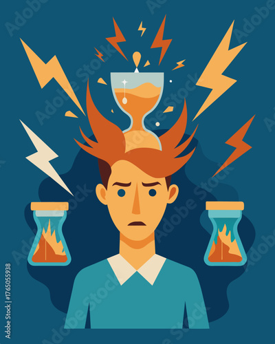 A chaotic scene of lightning bolts shattered hourglasses and fiery explosions bursting out of a persons head representing their overwhelming stress.. Vector illustration