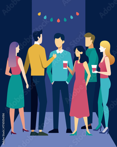 A group of people at a party but the invisible walls separating their personal lives from their public personas are evident.. Vector illustration