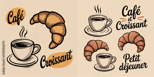 Hand Drawn Coffee and Croissant Vintage Poster Set, Retro Café Illustration Collection
