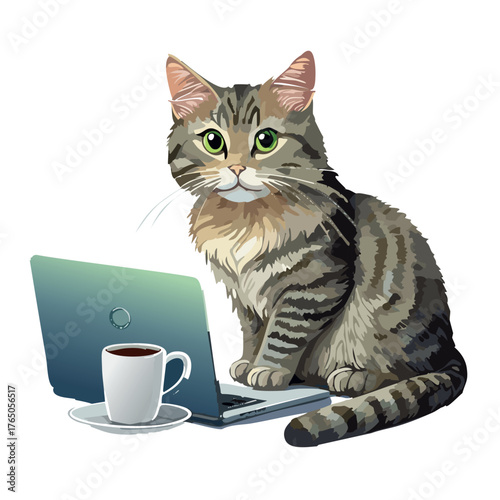 gray tabby cat sitting next to a laptop and coffee mug,