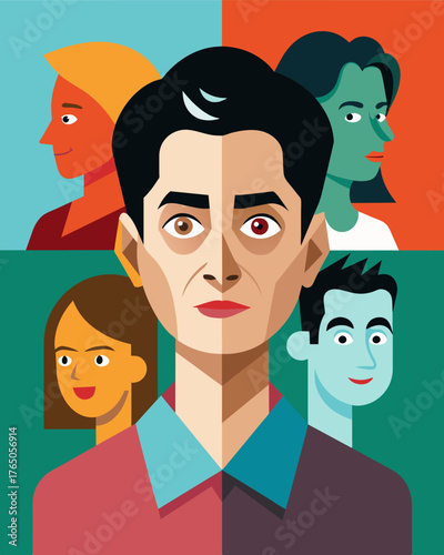 A collage of photographs showing a persons appearance changing drastically with each one from attractive and confident to grotesque and distorted.. Vector illustration