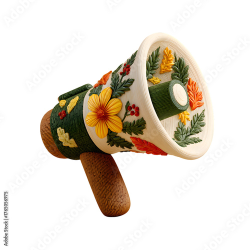 Decorative megaphone adorned with autumn leaves and flowers against on transparent background