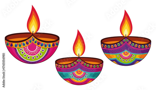 Colorful Diwali Diya Lamps Set – Bright Decorative Oil Earthenware with Flames Indian Festival Vector Illustration