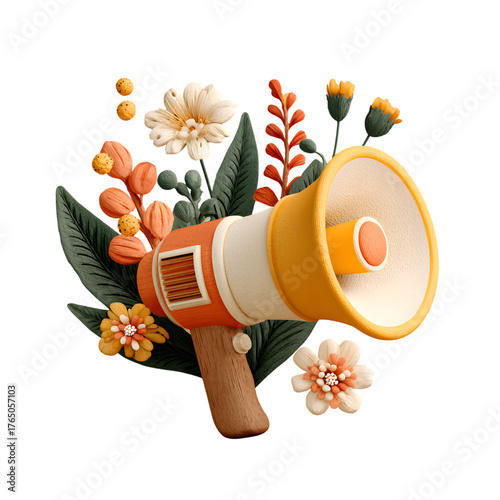 Megaphone surrounded by flowers for announcements design on transparent background