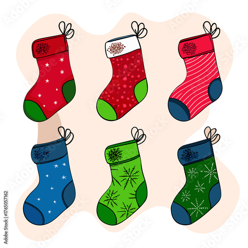 Set of small Christmas stockings in red, green and blue colors, vector collection of holiday socks for festive decorations, gift tags and seasonal design elements