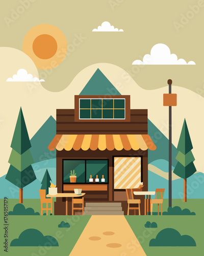 A rustic cafe nestled in the countryside equipped with solarpowered charging stations and serving up locally sourced baked goods and infused coffees.. Vector illustration