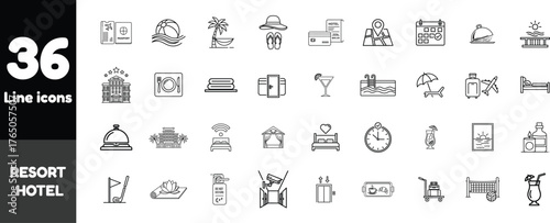 Resort Hotel  icons in outline style. Passport, Beach ball and waves, Palm tree with hammock, Hat and flip-flops, Credit card and hotel booking, Map location pin, Calendar, Food cloche (room service.