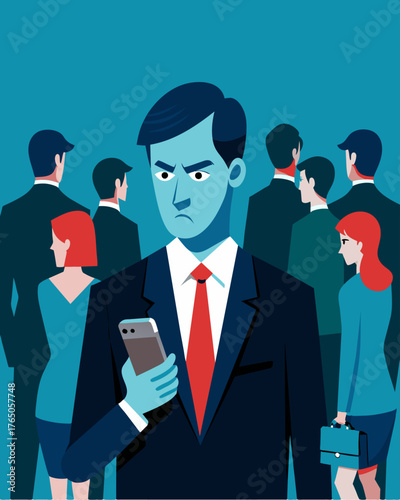A man in a business suit looking intently at a smartphone seemingly unaware of the crowd of people being controlled by the devices hidden subliminal messages.. Vector illustration
