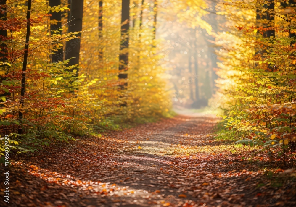 Obraz premium Autumn forest path surrounded by golden leaves and sunlight 