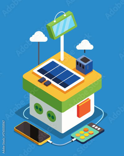 A multipurpose solarpowered dock complete with USB ports that allows you to charge your phone portable speaker and wireless headphones all at once.. Vector illustration