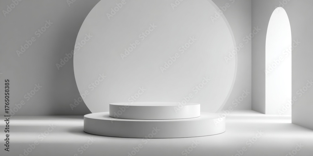 Fototapeta premium Minimalist White Display Platform in Bright Studio Background for Product Showcasing and Art Presentation Purpose