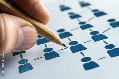 A close-up of a hand holding a pencil, drawing connections between illustrated figures on a paper.