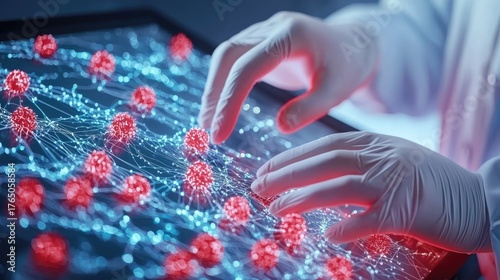 A close-up view of hands interacting with a digital interface displaying virus particles in a scientific research environment.