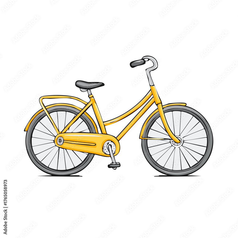 Fototapeta premium Bright yellow retro style bicycle with a basket on white background illustration