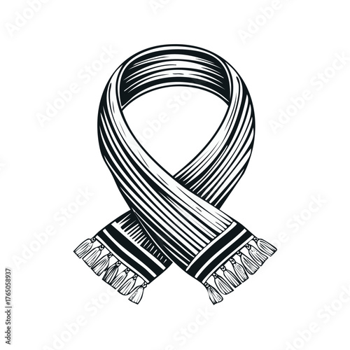 Stylized black and white striped scarf with tassels forming a ribbon shape