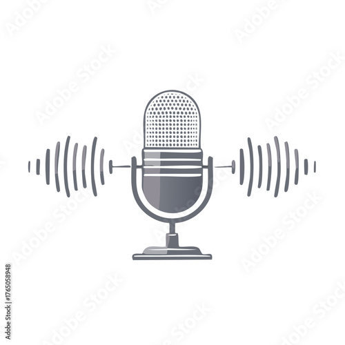 Retro Microphone with Sound Waves for Podcast, Radio Broadcasting, Audio Recording or Online Communication