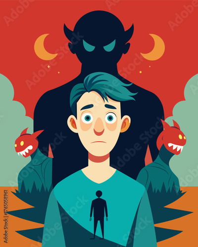 A comic strip showing a persons distorted selfimage manifesting as a physical monster that follows them everywhere they go.. Vector illustration