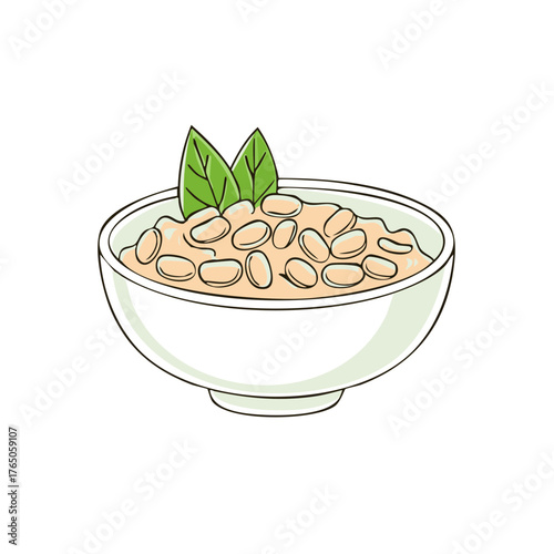 Bowl of Hummus with Beans and Fresh Basil Leaves, Delicious Homemade Food Illustration