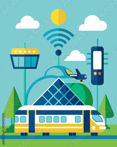 A public transportation hub such as a train station or airport incorporates solarpowered WiFi hotspots to provide convenient internet access for travelers.. Vector illustration