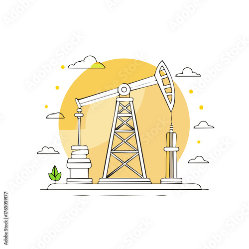 Simple line drawing of an oil pump jack working against a bright yellow circle and clouds